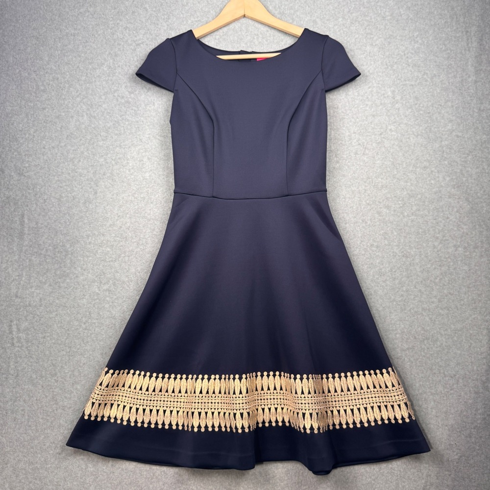 Lilly Pulitzer Dress Women 4 Navy Blue Gold Metallic Trim A Line Fit Flare Scuba